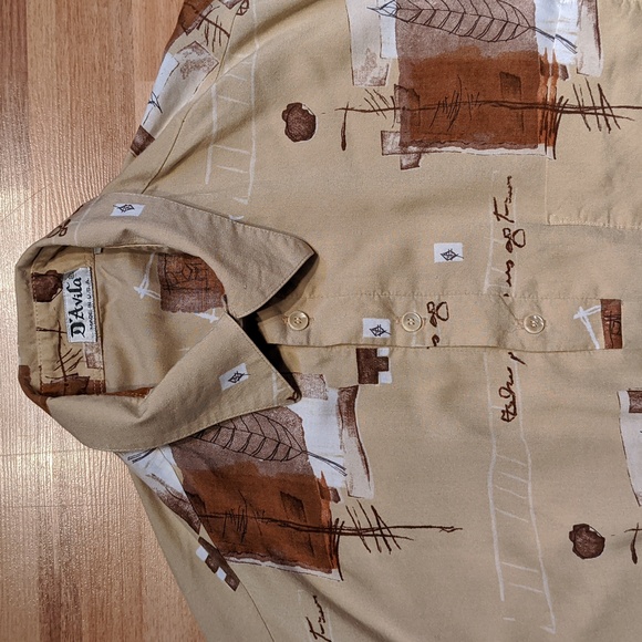 Vintage D'Avila elastic waist short sleeve tan leaf patterned golf shirt - Picture 3 of 6